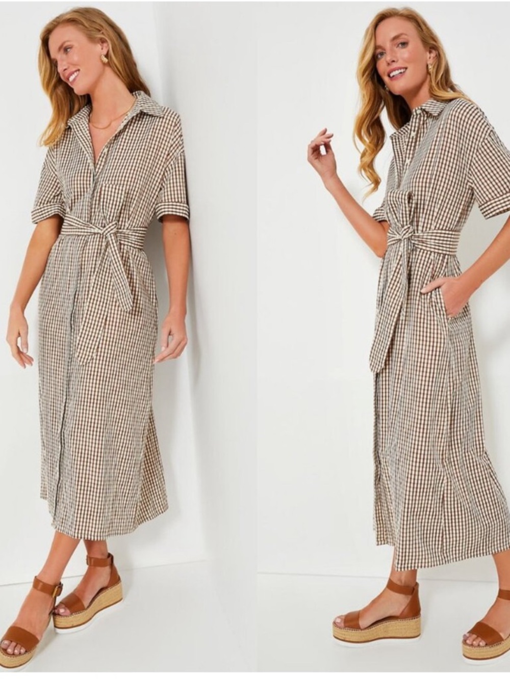 Pomander Place NEW Brown Gingham Seersucker Zacara Maxi Dress Size Medium - Picture 2 of 8